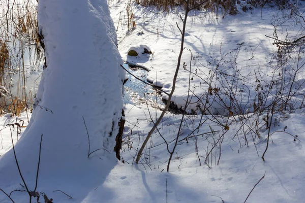 A brook breaks through the snow, glistening in the sun — Stockfoto