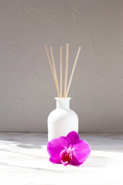 Aromatic reed diffuser on a light background
