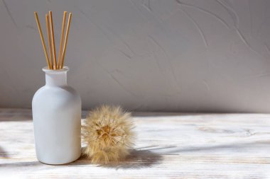 Perfumes for the home. Aromatic reed diffuser with a large dandelion on a white background. The concept of tenderness, rest, relaxation and enjoyment