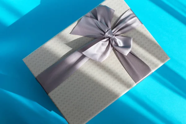 Light Festive Gift Box Bow Light Blue Background Birthday Wedding — Stock Photo, Image