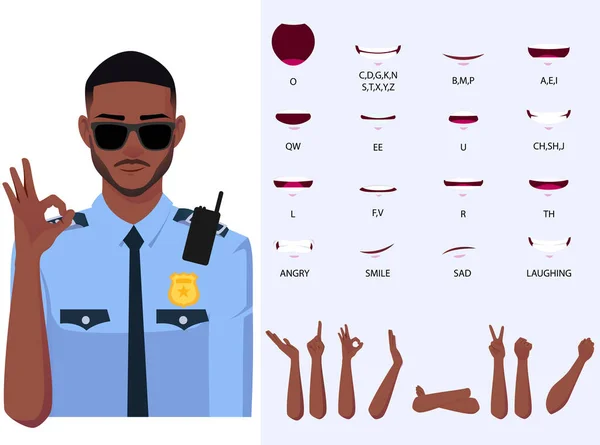 黑人警察嘴巴动画集和手势矢量 — 图库矢量图片