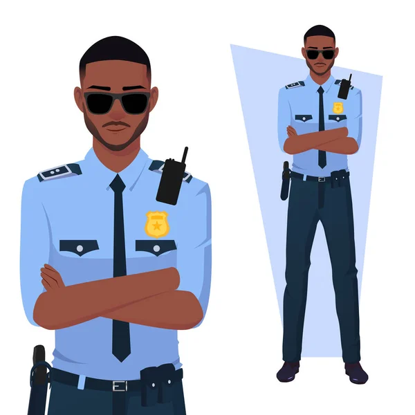 手持臂章、身穿制服、戴着太阳镜的黑人警察 — 图库矢量图片