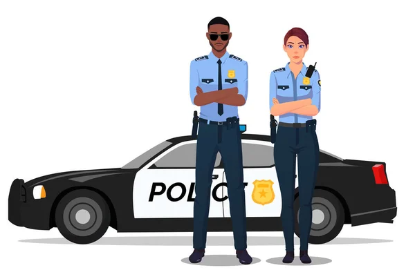 Άνδρας και γυναίκα αστυνομικός στέκεται δίπλα στο αυτοκίνητο της αστυνομίας, αστυνομικός και αστυνομικός σε ομοιόμορφη απεικόνιση — Διανυσματικό Αρχείο