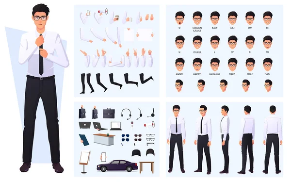 Character Creation Set with Business Man in White Shirt, Lip Sync, Hand Gestures and Items Premium Vector. — Stock Vector
