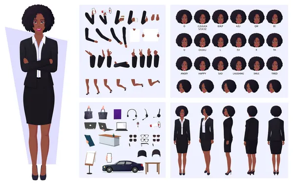 Black Business Woman Conjunto de Personagens de Desenhos Animados com Gestos, Expressões e Gestos de Mão Vetor Premium — Vetor de Stock