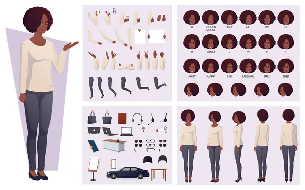 Bela criação de personagens de mulheres afro-americanas com cabelo afro, sincronização labial, emoções e gestos e acessórios de mão —  Vetores de Stock