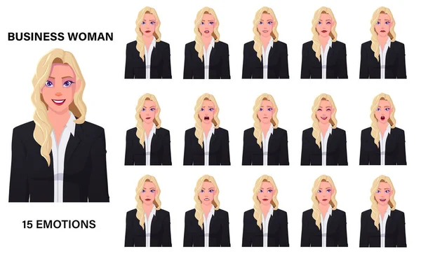 Красива блондинка кавказька бізнес-леді в чорному костюмі емоційні вирази набір преміум — стоковий вектор