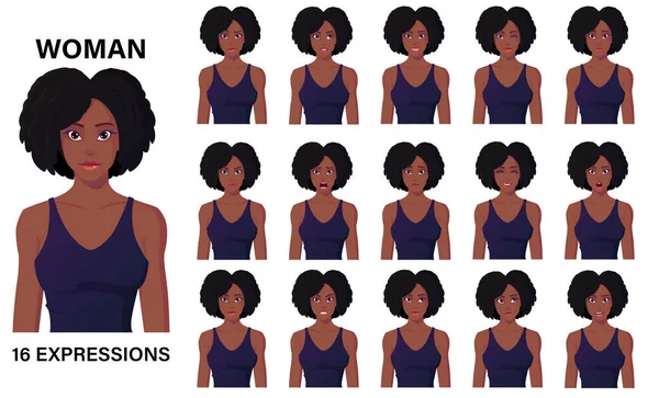 Vacker tecknad svart kvinna karaktär i klänning 16 känslor och ansiktsuttryck Premium vektor — Stock vektor