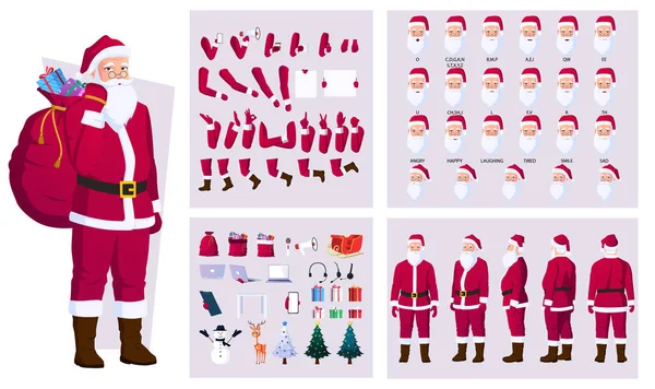 Natal Santa Character Criação e Animação Rosto Set com veados, boneco de neve, Árvore, Presentes, trenó, e Diferentes Ações Arquivo Vector — Vetor de Stock