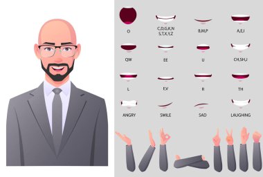 Middle-age Businessman Character Face Animation And Mouth Animation With Different Gesture Sets. clipart