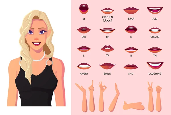 Blonde Woman Character Mouth Animation And Lip Syncing, Beautiful Woman Wearing Black Dress Premium Vector — Vetor de Stock