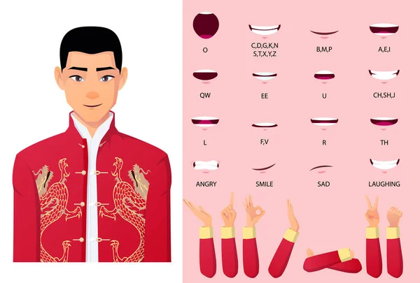 Chinese Man in Tang Suit Lip Sync και Mouth Animation με εκφράσεις και χειρονομίες — Διανυσματικό Αρχείο