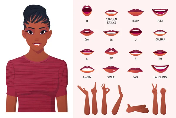Africano americano preto mulher boca animação e lábio sincronização criação, mulher com tranças penteado —  Vetores de Stock