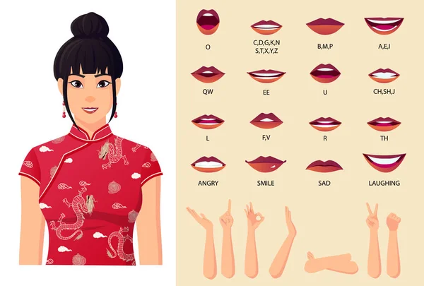 穿着红色旗袍的中国妇女唇部动画、手部动作和面部表情 — 图库矢量图片