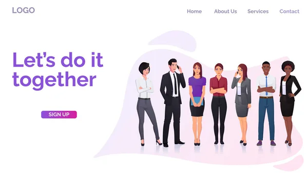 Landing page Web Design com personagens de negócios em trajes elegantes para seus projetos — Vetor de Stock