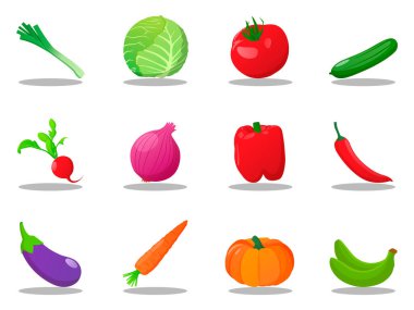 Taze sebzeler. Domates, lahana, pırasa, salatalık, soğan, Plantain, havuç, Raddish, Çizgi film İllüstrasyonları.