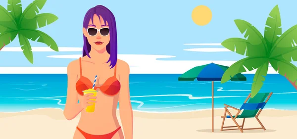 海滩上的女人喝鸡尾酒，暑假解说 — 图库矢量图片