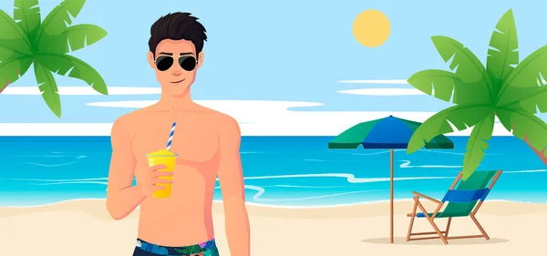 泳滩上戴太阳镜的男子及饮用带有棕榈树病媒图解的鸡尾酒 — 图库矢量图片