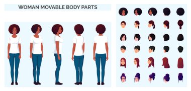 Günlük beyaz tişört ve Blue Jeans, Front, Back ve Sideview çok kültürlü kıyafetleri olan bir kadın çizgi film karakteri .