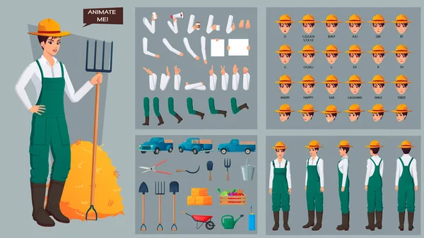 Female Farmer Character Construction с разнообразными цветами и оттенками, инструментами и экспрессией с синхронизацией губ — стоковый вектор