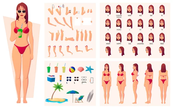 Sommer Frau trägt Bikini Character Constructor mit Beach Wear und Lippensync Seite, Vorder- und Rückseite Illustration — Stockvektor