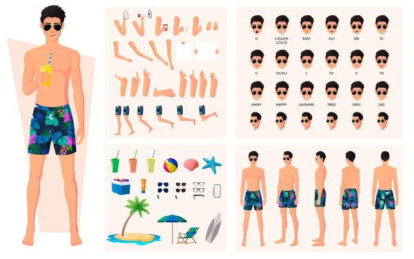 Caracter Constructor con Hombre Vestido con Troncos de Natación y Gafas de Sol en la Playa. Sincronización de labios, gestos de mano, emociones y elementos de picnic Archivo vectorial — Archivo Imágenes Vectoriales