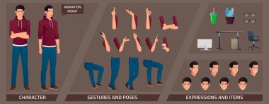 Stylized Characters Set for Animation with Caucasian Man Wearing Hoodie and Some Body Parts and Furnitures Vector