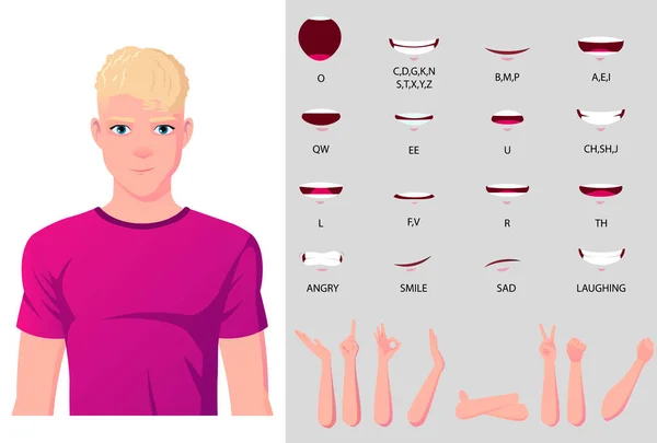 Casual Man Character Mouth Animation Hand Gestures Vector — Vetor de Stock