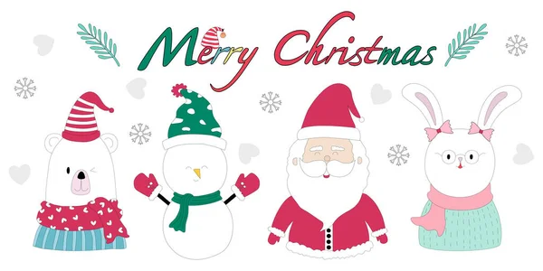 Feliz Navidad Con Personajes Lindos Clip Art Diseñados Estilo Doodle — Vector de stock