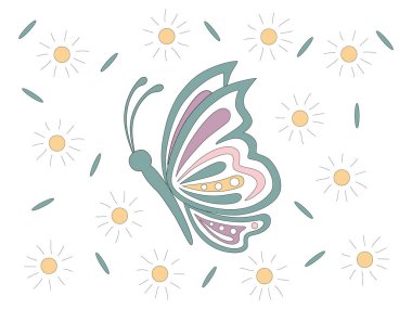 Şablonlar, posterler, kartlar, kumaş baskıları, tişörtler, moda, kupalar, arka planlar, şablonlar, yastık kalıpları, çanta kalıpları ve daha fazlası için karalama tarzı dizayn edilmiş kelebekler..