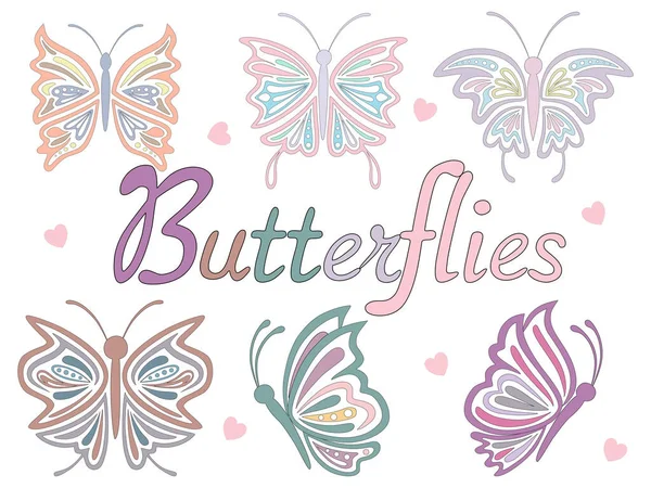 Collection Papillons Dans Des Tons Pastel Conçus Dans Style Doodle — Image vectorielle