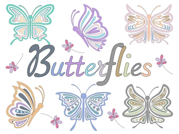 Collection Papillons Dans Des Tons Pastel Conçus Dans Style Doodle — Image vectorielle
