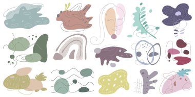 Dekorasyonlar, arka planlar, web tasarımları, kapaklar, dijital kağıt, şablonlar, kartlar, pankartlar, kumaş baskıları ve daha fazlası için karalama biçiminde çeşitli geometrik şekillerle tasarlanmış soyut elementler demeti