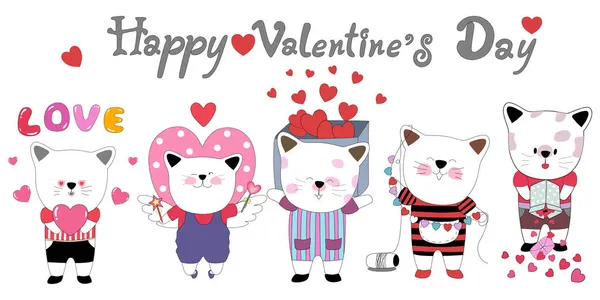 Joyeuse Saint Valentin Avec Des Chats Mignons Conçus Dans Style — Image vectorielle