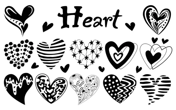 Black Heart Vector Illustration Set Wzory Projektowe Doodle Style Dla — Wektor stockowy