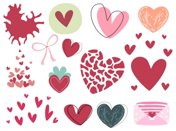 Heart Shaped Elements Red Pink Tones Designed Doodle Style Decoration — Διανυσματικό Αρχείο
