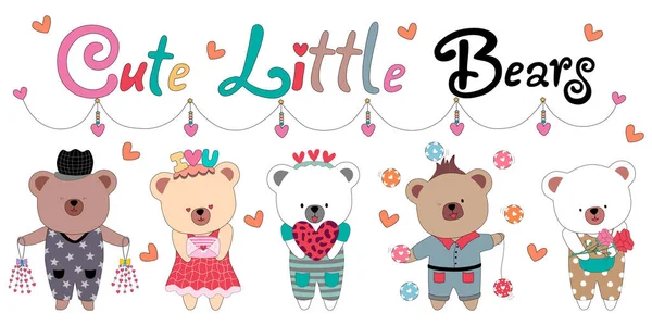 Vector Illustration Set Cute Little Bear Decorations Valentine Themes Cards — ストックベクタ