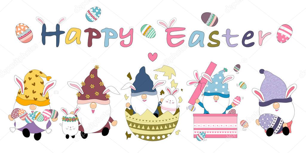 Happy Easter set with cute gnomes This Easter theme designed with doodle style is perfect for decorations, backgrounds, cards, fabric patterns, pillows, mugs, kids artwork, stickers and more.