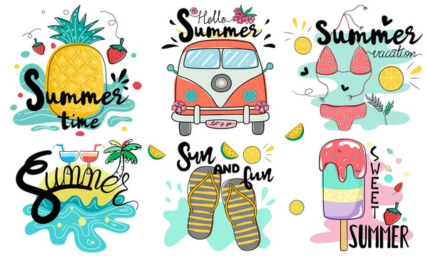 Pacote Letras Mão Ilustração Verão Design Estilo Doodle Para Cartões — Vetor de Stock