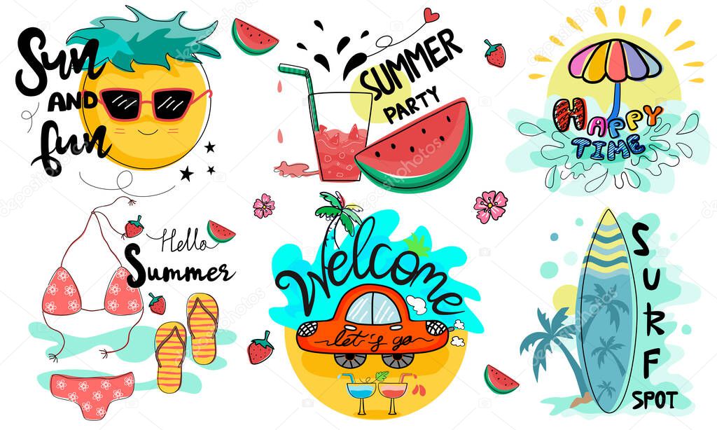 Bundle, hand lettering and summer illustration Design in doodle style for cards, patterns, logos, t-shirt designs, pillow designs, stickers, decorations, posters, fabric patterns and more.