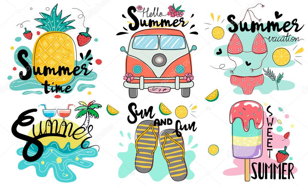 Bundle, hand lettering and summer illustration Design in doodle style for cards, patterns, logos, t-shirt designs, pillow designs, stickers, decorations, posters, fabric patterns and more.