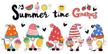 Summer time with cute gnomes Various colors designed in doodle style. Can be adapted to a variety of applications such as cards, stickers, t-shirt designs, pillow patterns, summer decorations and more clipart