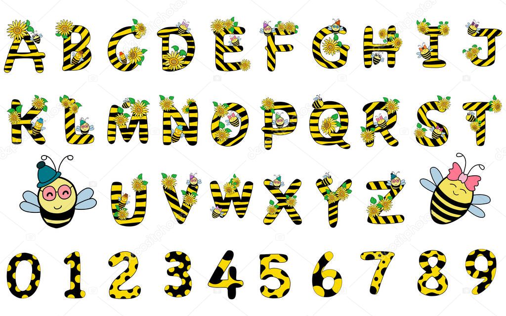 Alphabet and number, cute bee and sunflower pattern Designed with doodle style Yellow and black tones for children's t-shirt designs, craft, art for kids, stickers, fabric patterns, pillow and more 