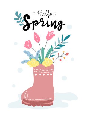 Eski karalama tarzında tasarlanmış yağmur botları ve buketler. Kartlar, posterler, giysiler, dijital baskılar, kumaş desenleri, bahar dekorasyonları, tişört tasarımları ve daha fazlası için mükemmel..