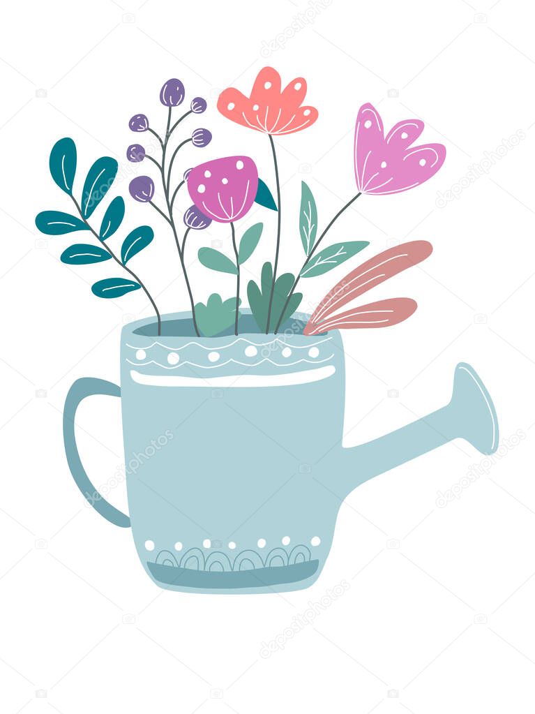 Watering cans and flowers Pastel tone design, vintage style, doodle lines spring theme Suitable for cards, postcards, posters, clothing patterns, digital prints, fabric patterns, spring decorations