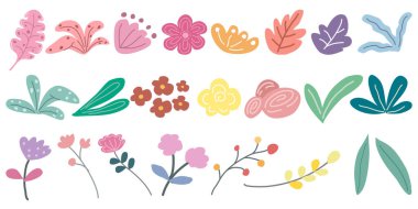 Pastel tonlarda dizayn edilmiş vektör seti çiçek ve yaprak elementleri, dekorasyon için karalama tarzı, kartlar, dijital baskılar, kağıt kalıpları, çıkartmalar, yastıklar, bahar temalı dekorasyonlar vb..