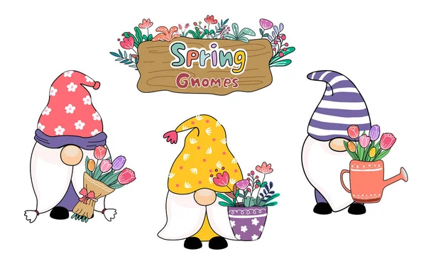 Spring Gnomes Set Design Барвистий Каракулевий Стиль Карт Наклейок Візерунків — стоковий вектор