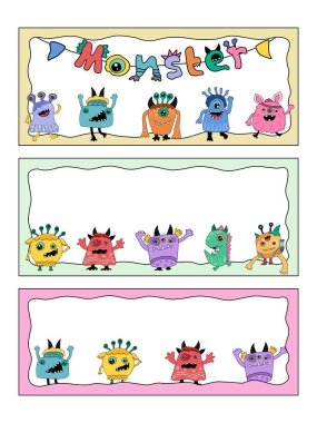 Dekorasyon, kartlar, dijital baskı, kartlar, öğretmenler, öğrenciler, çocuklar, isim kartları, çerçeveler, çalışma kağıtları, mesajlar, kreşler, yapıştırma kitapları, kapak için renkli canavar çerçeveleri seti