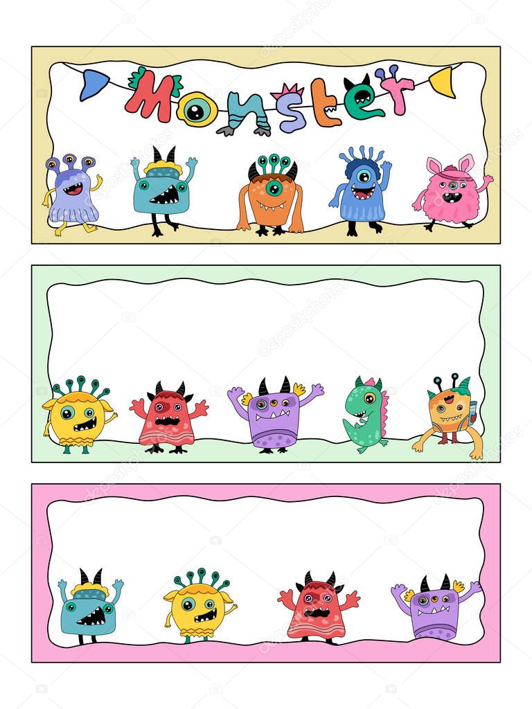 Set of cute monster frames in colorful doodle style for decoration, cards, digital printing, cards, teachers, students, kids, name badges, frames, worksheets, messages, kindergarten, scrapbooks, cover