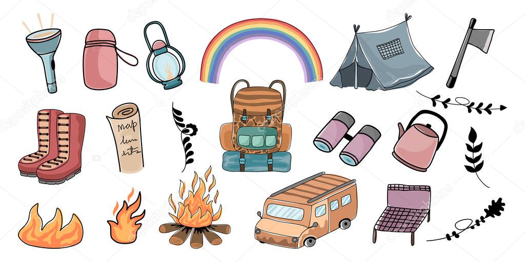 Camping and adventure set vector elements Designed in doodle style For decorations, stickers, fabric patterns, camping and adventure themed decorations, summer, pillow patterns, mugs, art for kids etc
